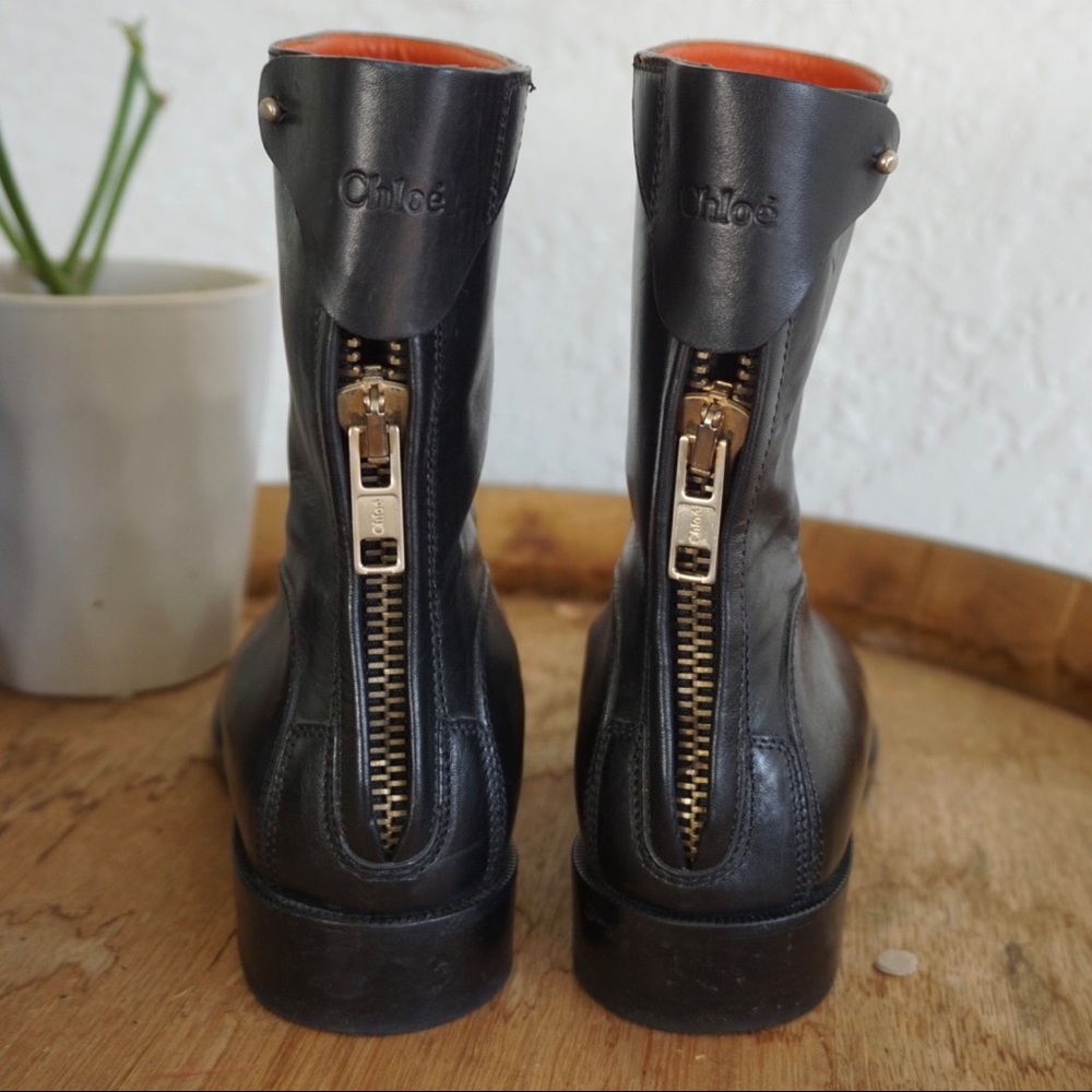 CHLOE Leather Boots, combat style with zipper calf height orange lining sz 37.5 - Picture 12 of 16